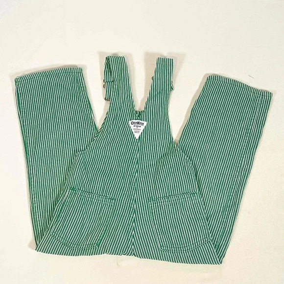 Vintage 80s 90s Osh Kosh Bgosh Green Railroad Striped Bib Overalls Kids Size 4 - Picture 1 of 14